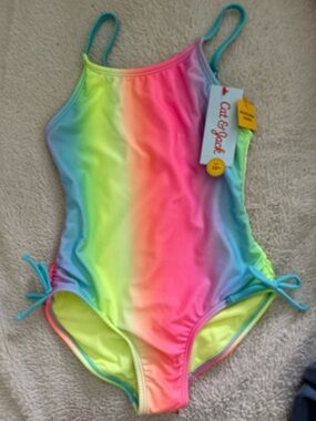 Cat & Jack Neon Rainbow Gradient One-Piece Swimsuit - Teal Straps